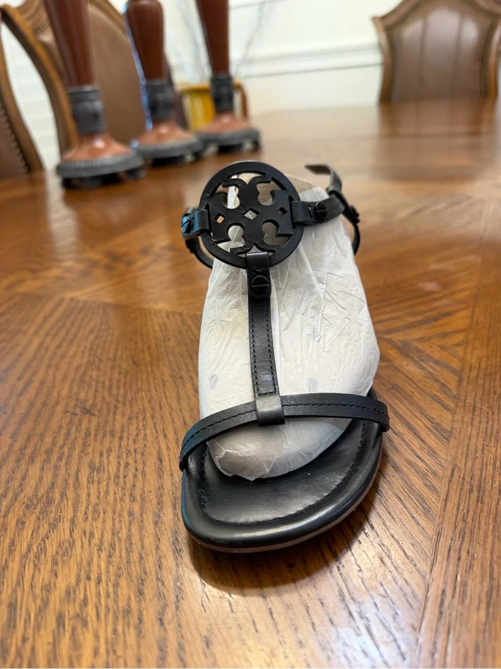 Black Leather Tory Burch Women's Logo Cutout T-Strap Sandals